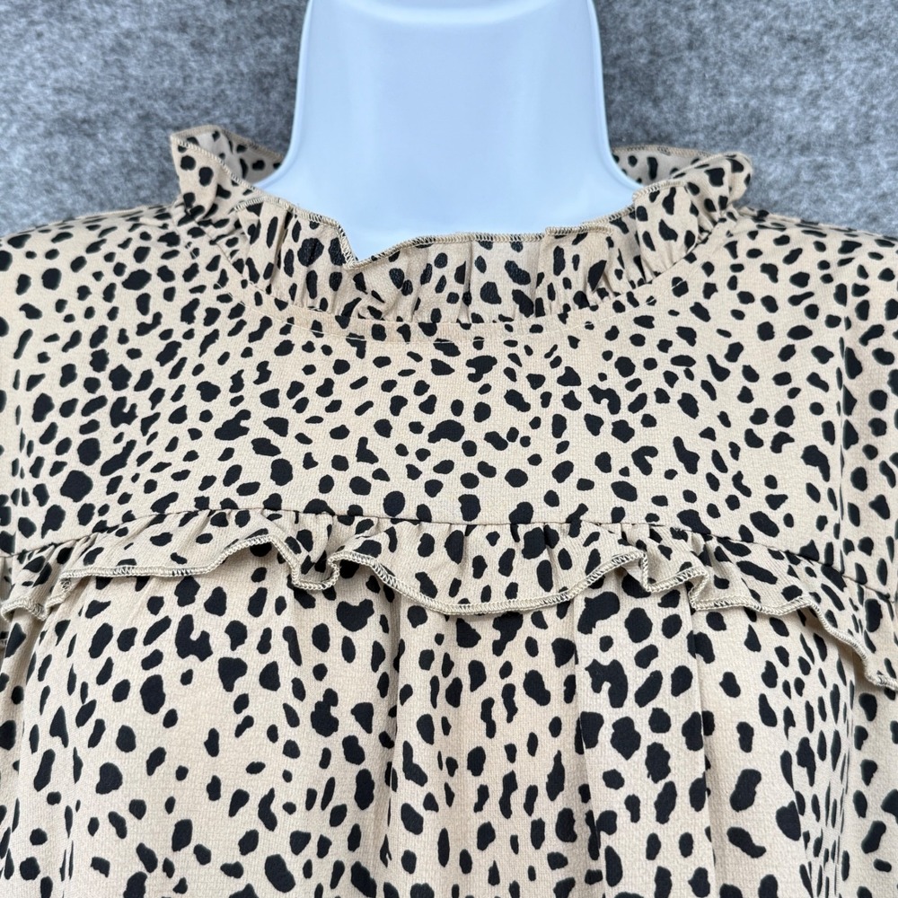 C.D.M. Womens Leopard‎ Print Ruffle Blouse Long Sleeve Size L Beige & Black - Picture 6 of 11